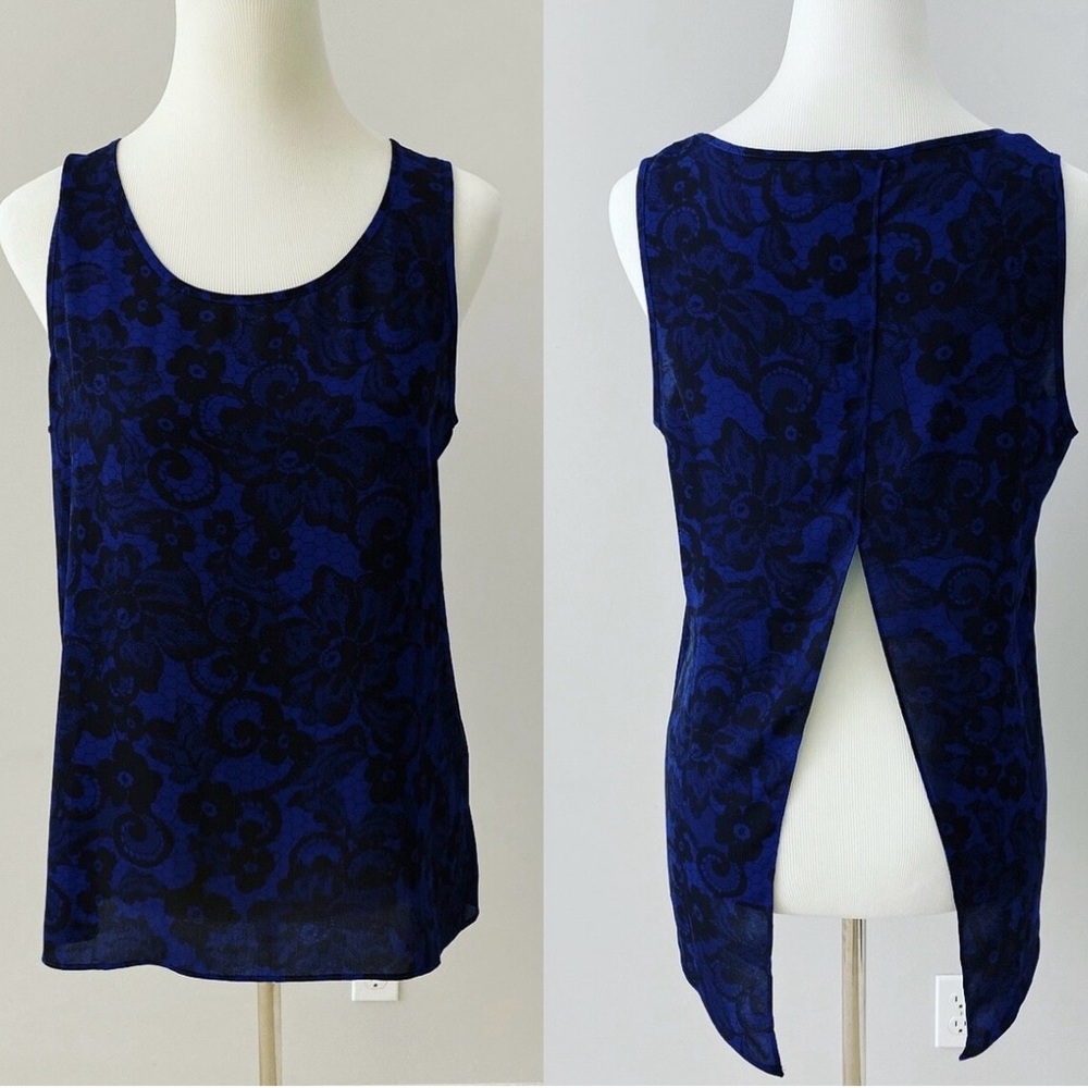 Express Blue and Black Floral Lace Split Open Back Women's Top - Size L